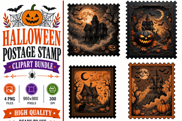 4 Halloween Postage Stamp PNG