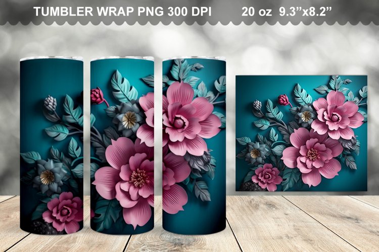 Colorful 3D Teal Pink Flowers Tumbler Design