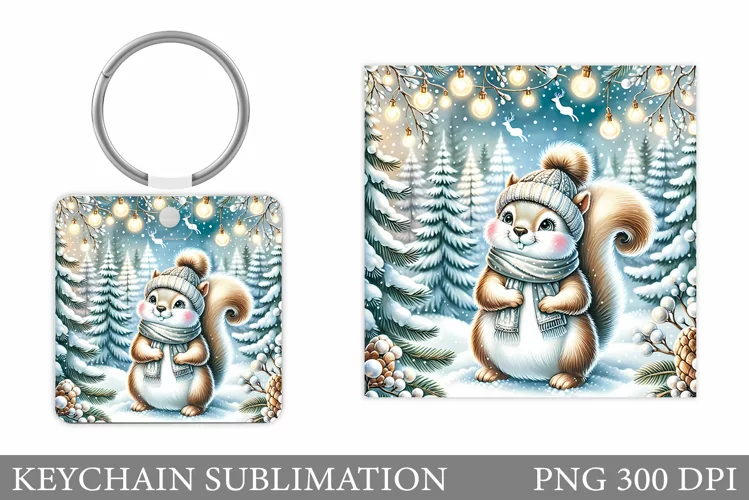Cute Squirrel Keychain. Christmas Keychain Sublimation