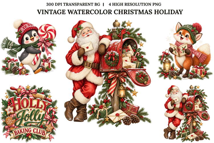 Vintage Christmas Reindeer Snowman Holiday Watercolor PNG
