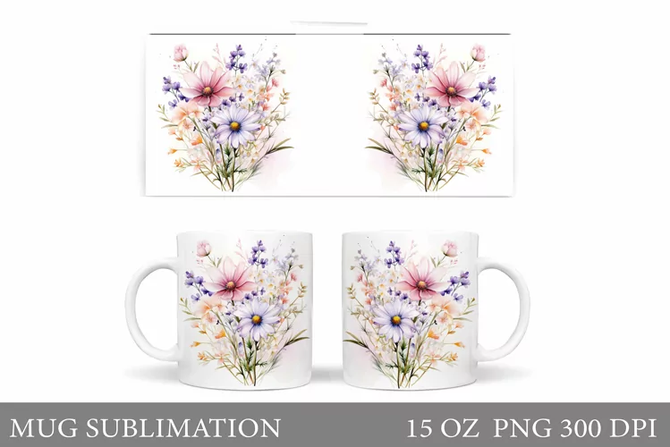 Flowers Mug Wrap Design. Wildflowers Mug Sublimation