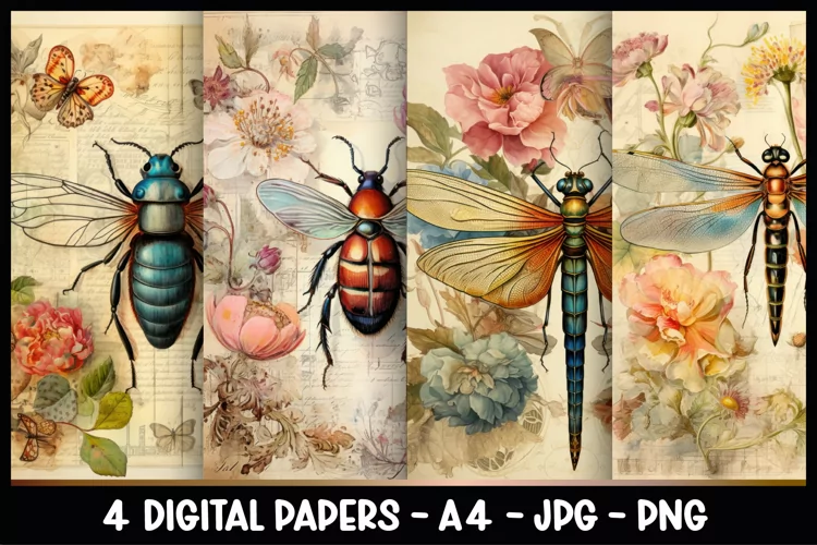 4 Vintage Insects Digital Papers I Junk Journal Page