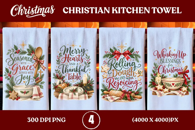 4 Christian Christmas Kitchen Towel PNGs, 4 Jesus Christmas