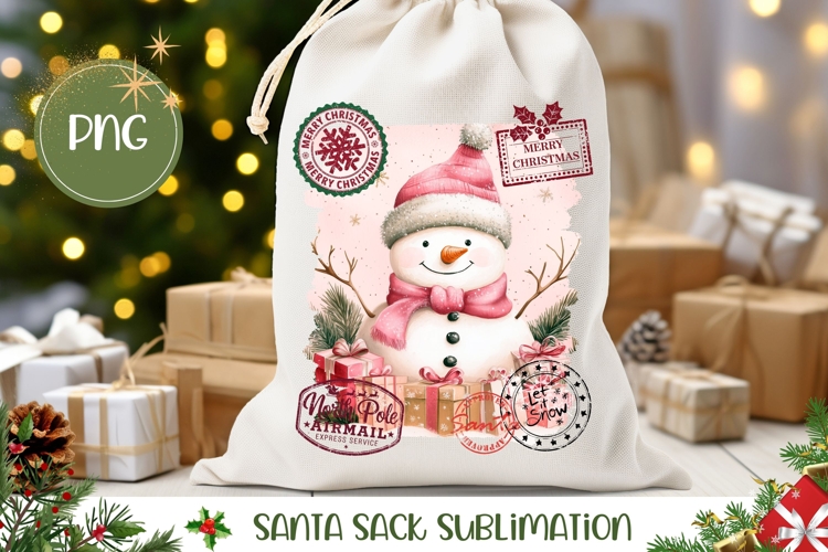 Pink Cartoon Christmas Snowman Santa Sack Template