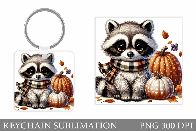 Fall Raccoon Keychain Design. Fall Keychain Sublimation