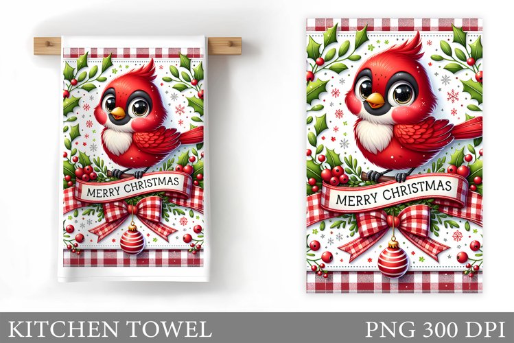 Cute Cardinal Kitchen Towel. Christmas Bird Kitchen Towel example image 1