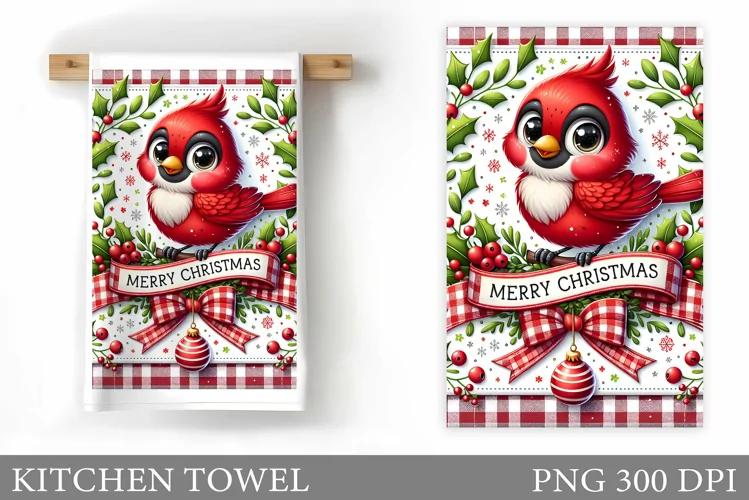 Cute Cardinal Kitchen Towel. Christmas Bird Kitchen Towel