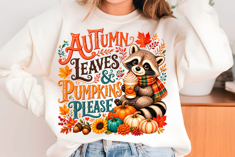 Autumn Leaves & Pumpkins Please PNG Cute Raccoon Fall Subl