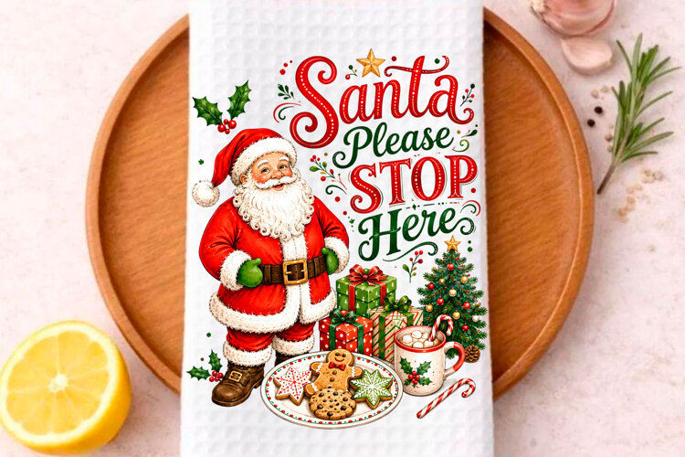 Santa Please Stop Here PNG Christmas Kitchen Towel example image 1