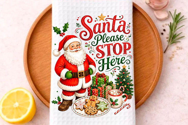 Santa Please Stop Here PNG Christmas Kitchen Towel