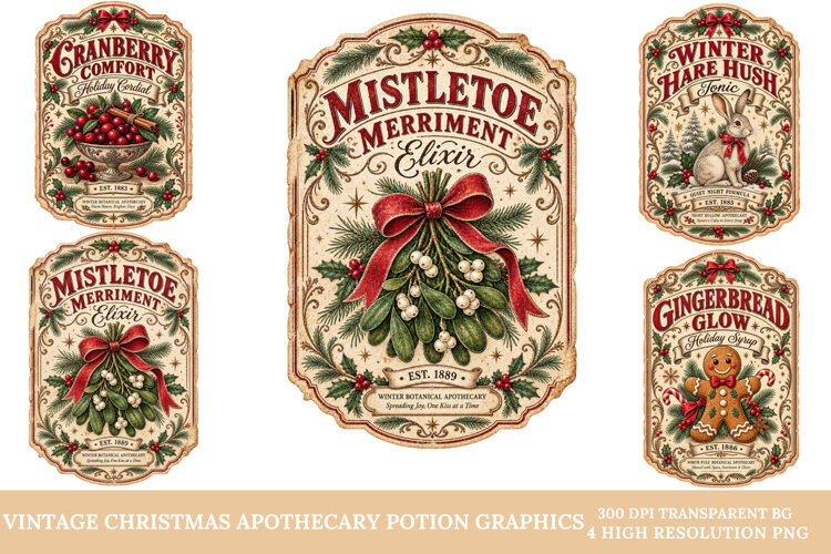 Vintage Christmas Apothecary Labels Sublimation PNG example image 1
