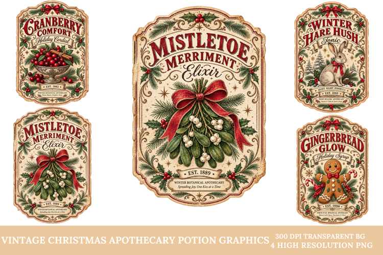 Vintage Christmas Apothecary Labels Sublimation PNG