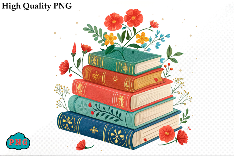 Watercolor Floral Books Clipart PNG