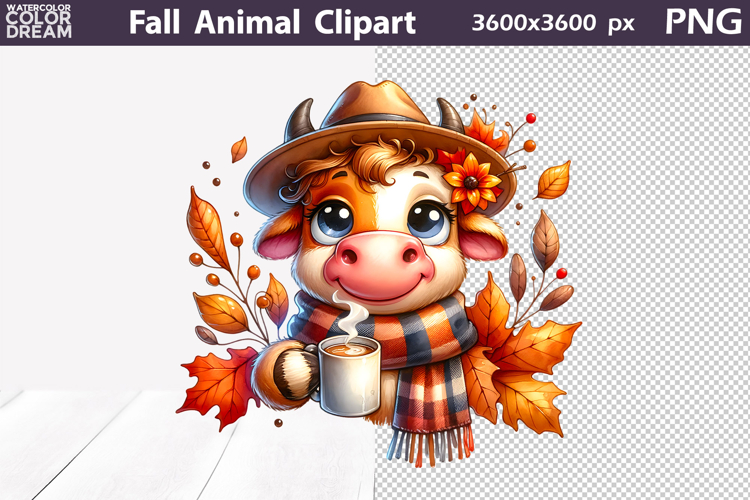 Fall Coffee Cow Clipart | Autumn Animals Leaves PNG