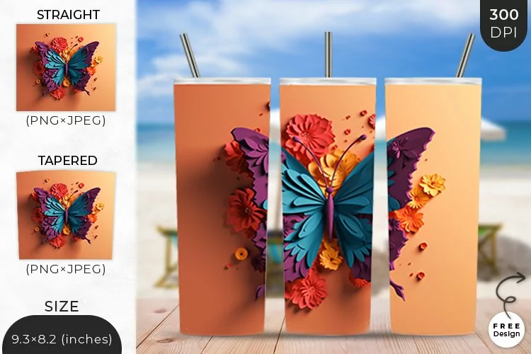 3D Butterfly Tumbler Wrap| 3D Sublimation Wrap Design