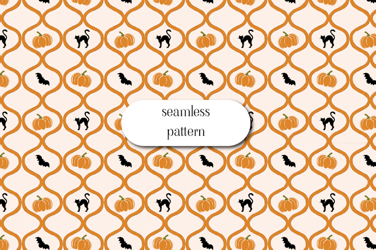 Retro Halloween Seamless Pattern with Cats Bats Pumpkins