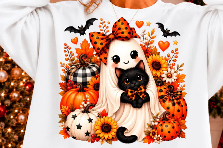 Cute Ghost Cat Halloween Pumpkin T-Shirt Design