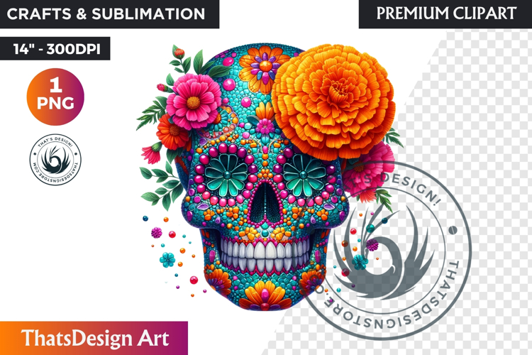 Floral Sugar Skull Day of the Dead Clipart, dia de muertos