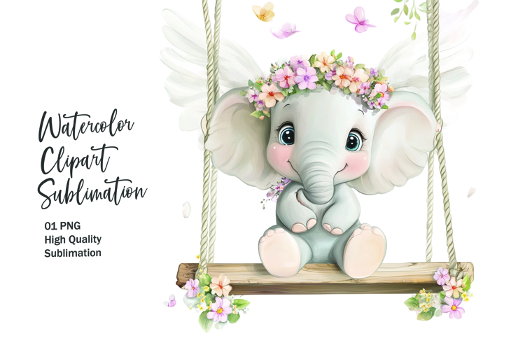 Cute elephant sitting in wooden swing clipart png
