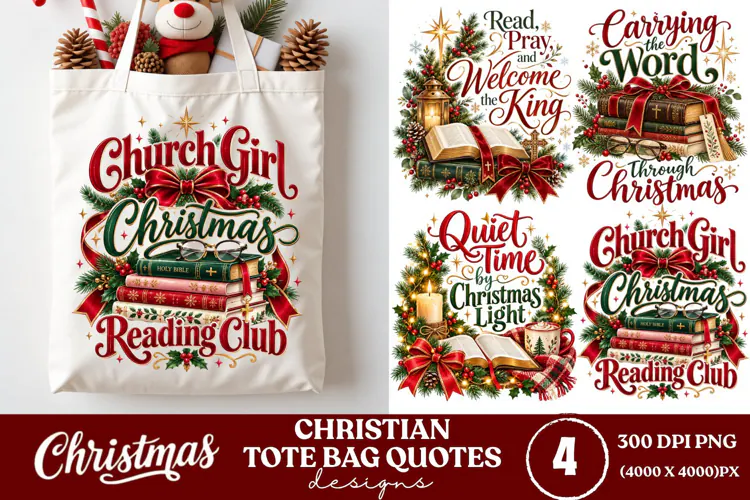 4 Christian Christmas Tote Bag PNGs, 4 Bible Lover Christmas