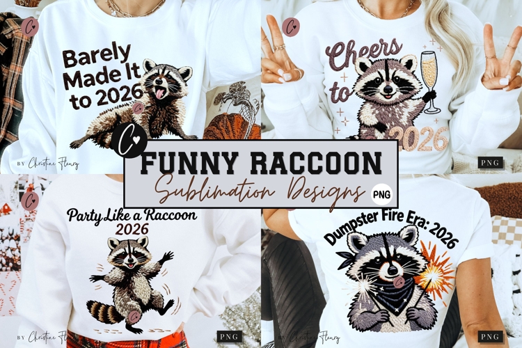New Year Funny Raccoon PNG - 4 Designs