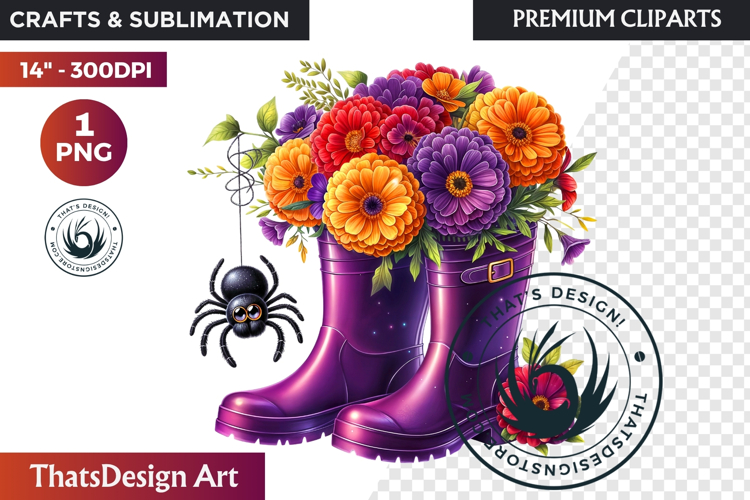 Halloween Floral Rain Boots - Cute Witchy Garden Clipart PNG