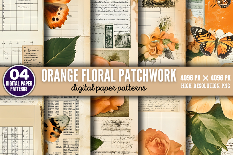 Orange Floral Patchwork Collages Sheets Digital Paper PNG