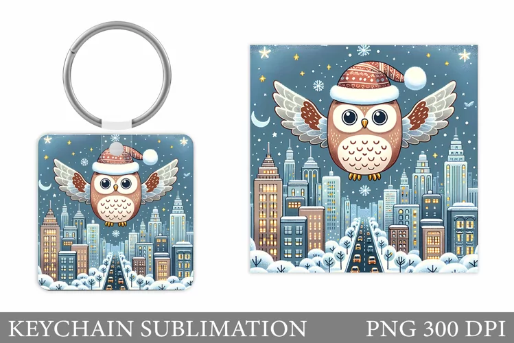Cute Owl Keychain Sublimation. Winter Keychain Design