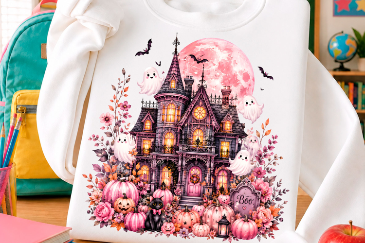 Pink Haunted House Cute Ghost Halloween PNG