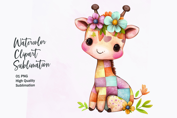 Watercolor cute kawaii Giraffe patchwork patterned clipart