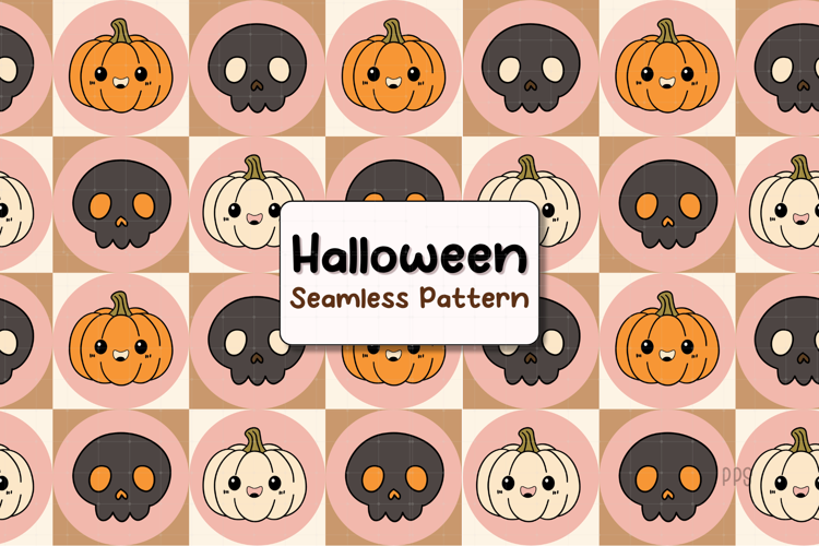 Halloween Seamless Pattern Pumpkins and Cute Skull