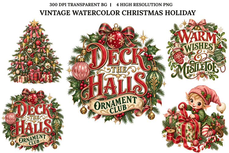 Vintage Christmas Holiday Watercolor Sublimation PNG