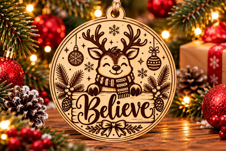 Believe Reindeer Wooden Christmas Ornament PNG Laser Cut Svg