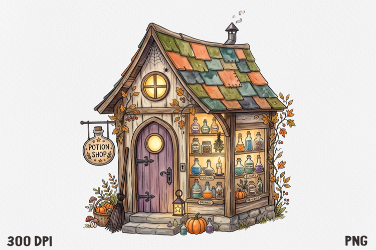 Whimsical Fantasy Cottage Clipart PNG, Autumn Shop House.