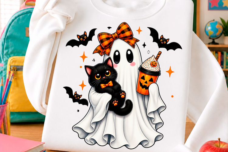 Cute Halloween ghost with black cat and pumpkin coffee kawai