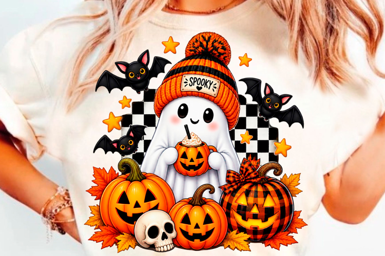 Cute Ghost Halloween Pumpkin Bat Spooky Season T-Shirt Desig