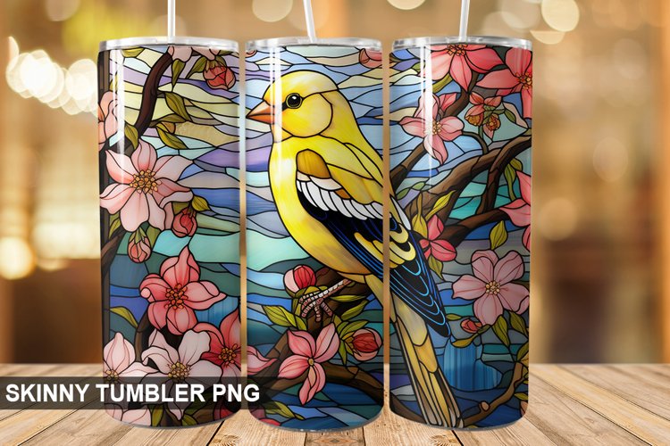 Stained Glass Embroidered Goldfinch PNG Tumbler Design