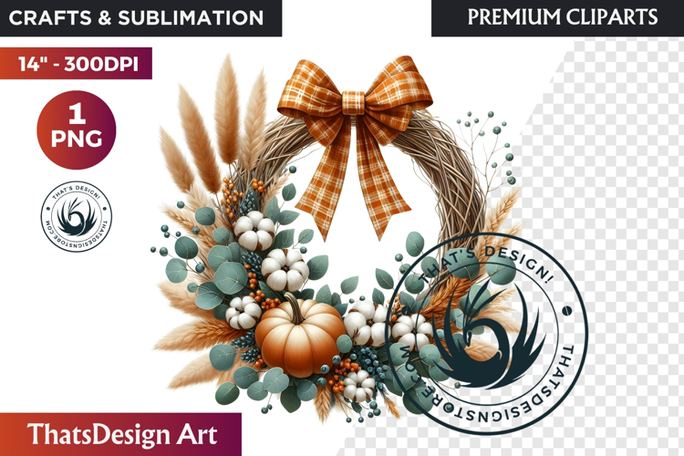 Cozy Autumn Wreath - Boho Farmhouse Fall Clipart PNG