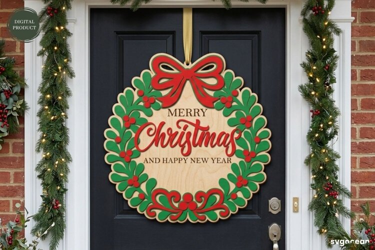 Christmas Door Sign Laser Cut | Xmas Wreath Sign | SVG example image 1