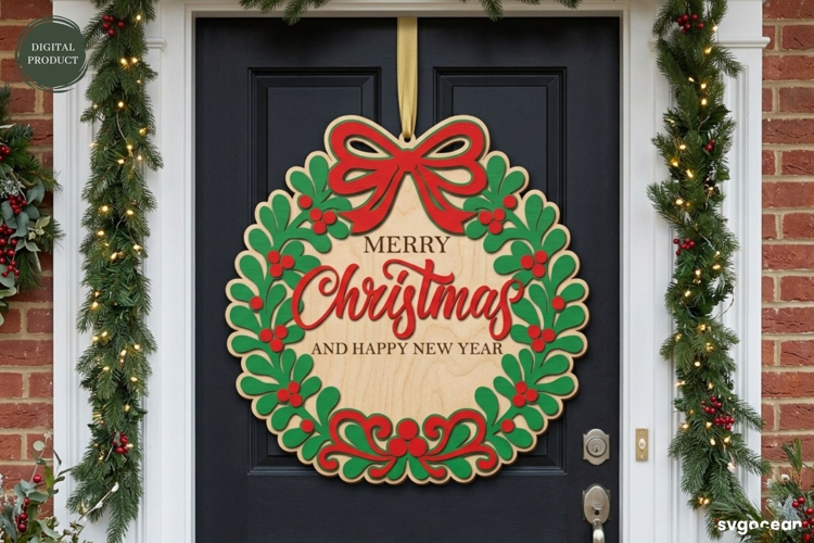 Christmas Door Sign Laser Cut | Xmas Wreath Sign | SVG