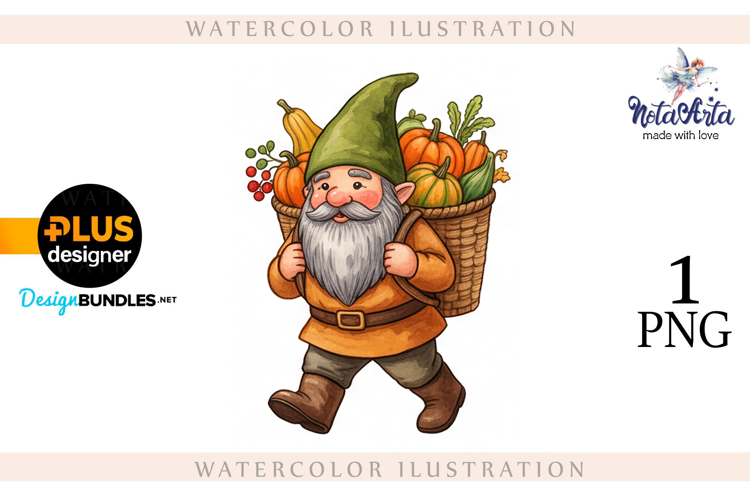 Gnomes with Pumpkin Harvest in Watercolor Style