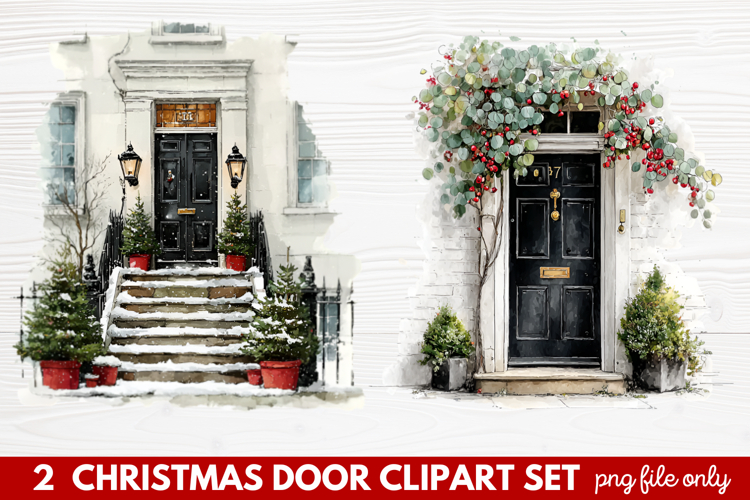 2 Christmas Door Clipart Set | Festive Holiday Front Door