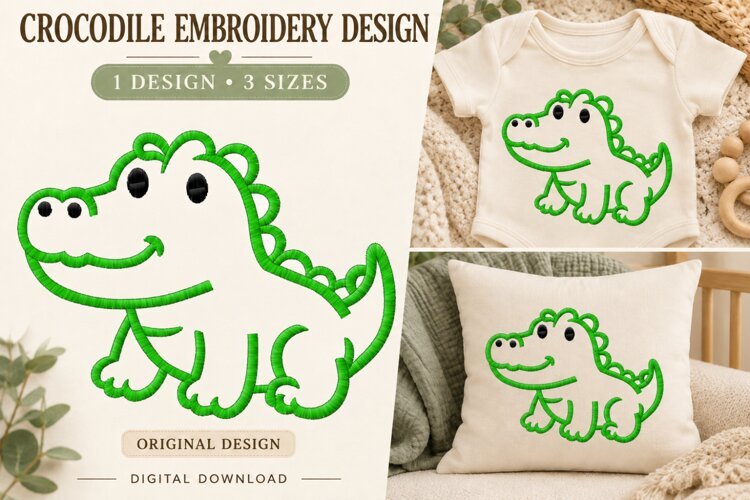Cute Crocodile Embroidery Design example image 1