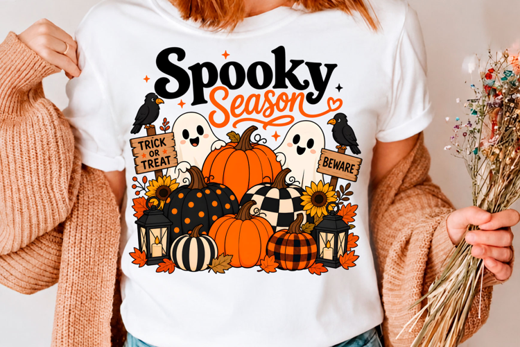 Spooky Season Cute Ghost Pumpkin Halloween T-Shirt Design