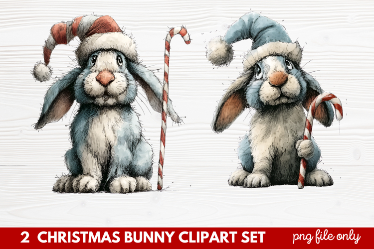 2 Christmas Bunny Clipart Set | Cute Holiday Bunny PNG Illus