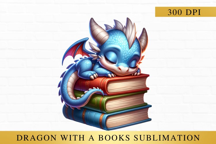 Dragon With a Books Sublimation, Watercolor Dragon Clipart