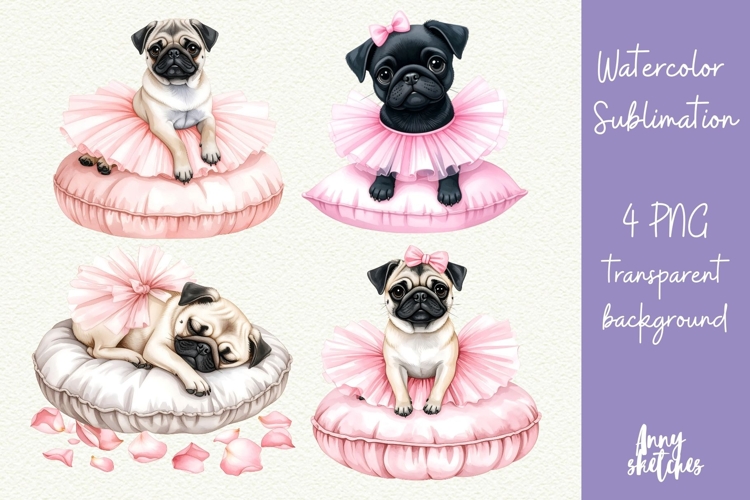 4 Pug Ballerina on Pillow Clipart Baby Ballet Pink Coquette