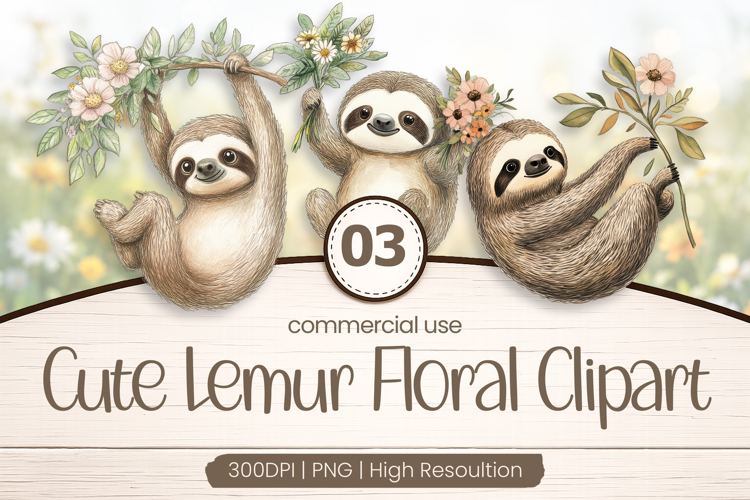 Cute Lemur Floral Clipart PNG