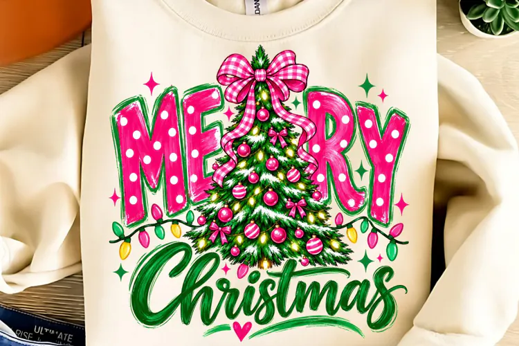Merry Christmas Pink Bow Tree PNG, Christmas PNG