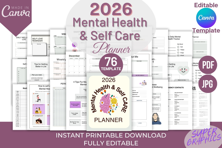 2026 Mental Health Journal& Self Care Planner Canva Template
